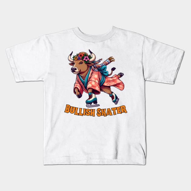 Ice skating cow Kids T-Shirt by Japanese Fever